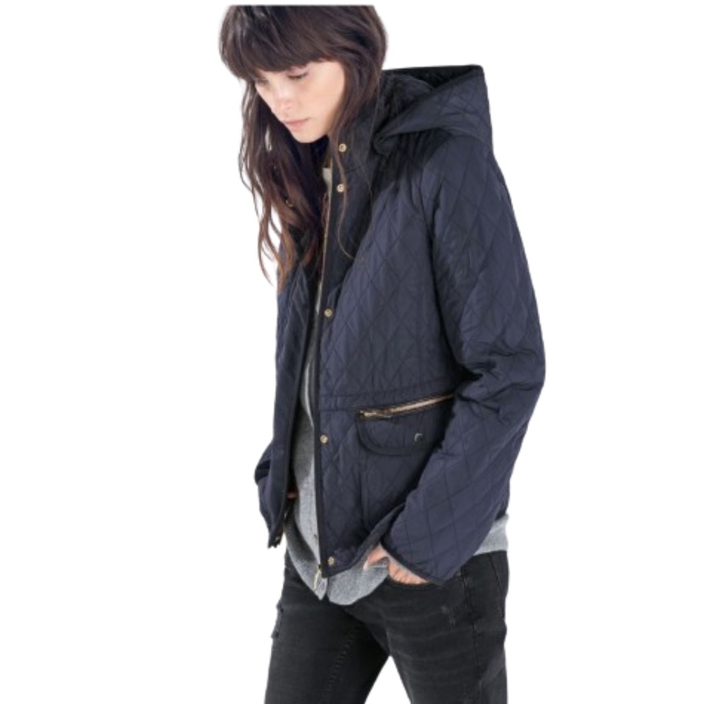 ZARA Quilted Jacket Womens dark blue Hooded